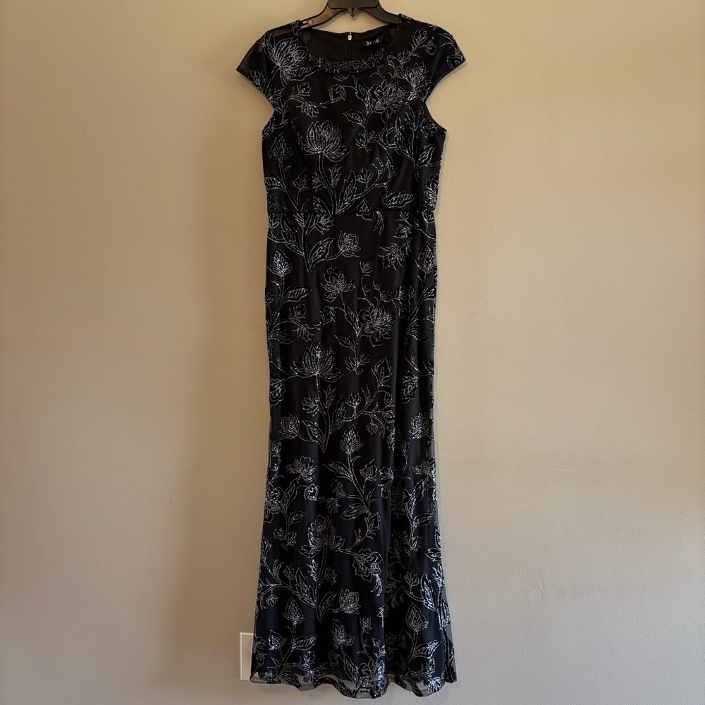 SL Fashions Black Maxi Dress with Silver Floral Embroidery